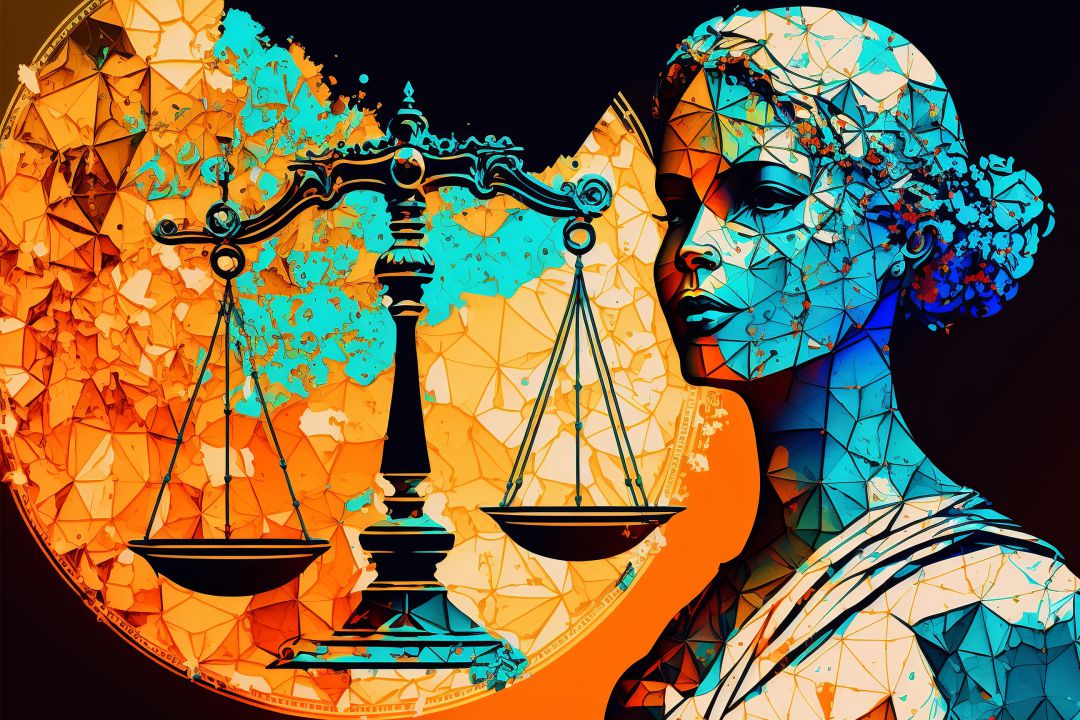 A canvas print featuring an abstract representation of a figure holding scales, symbol of justice, with a colorful background, displayed above a beige sofa with blue cushions.