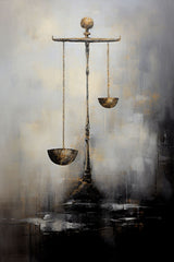 A canvas print featuring a scale with two round balances and a dark background, hanging on a wall above a wooden table with a plant and some decorative items.