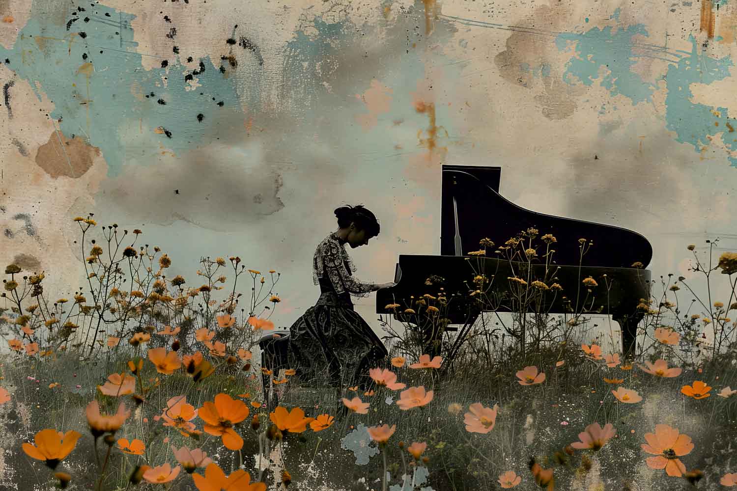 A canvas print featuring a stylized piano and floral design, displayed above a modern sofa in a room with minimalist decor.