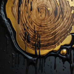 A canvas print featuring an abstract wooden figure displayed on a wall above a dining table and chairs in a room with a wooden floor and a window.