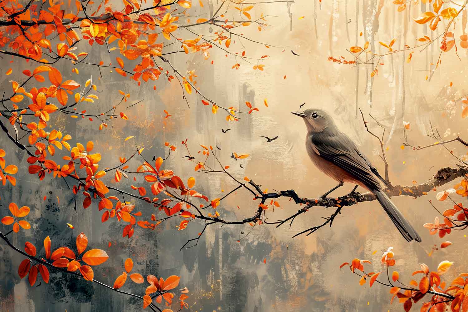 A canvas print depicting a bird perched on branches with orange leaves, displayed above a grey sofa with coral cushions.