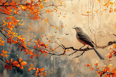 A canvas print depicting a bird perched on branches with orange leaves, displayed above a grey sofa with coral cushions.