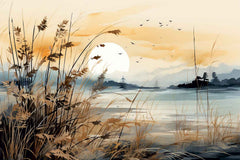 A canvas print featuring a sunset view with a representation of a calm lake and a silhouetted island, displayed above a modern white sofa in a minimalist living room setting.