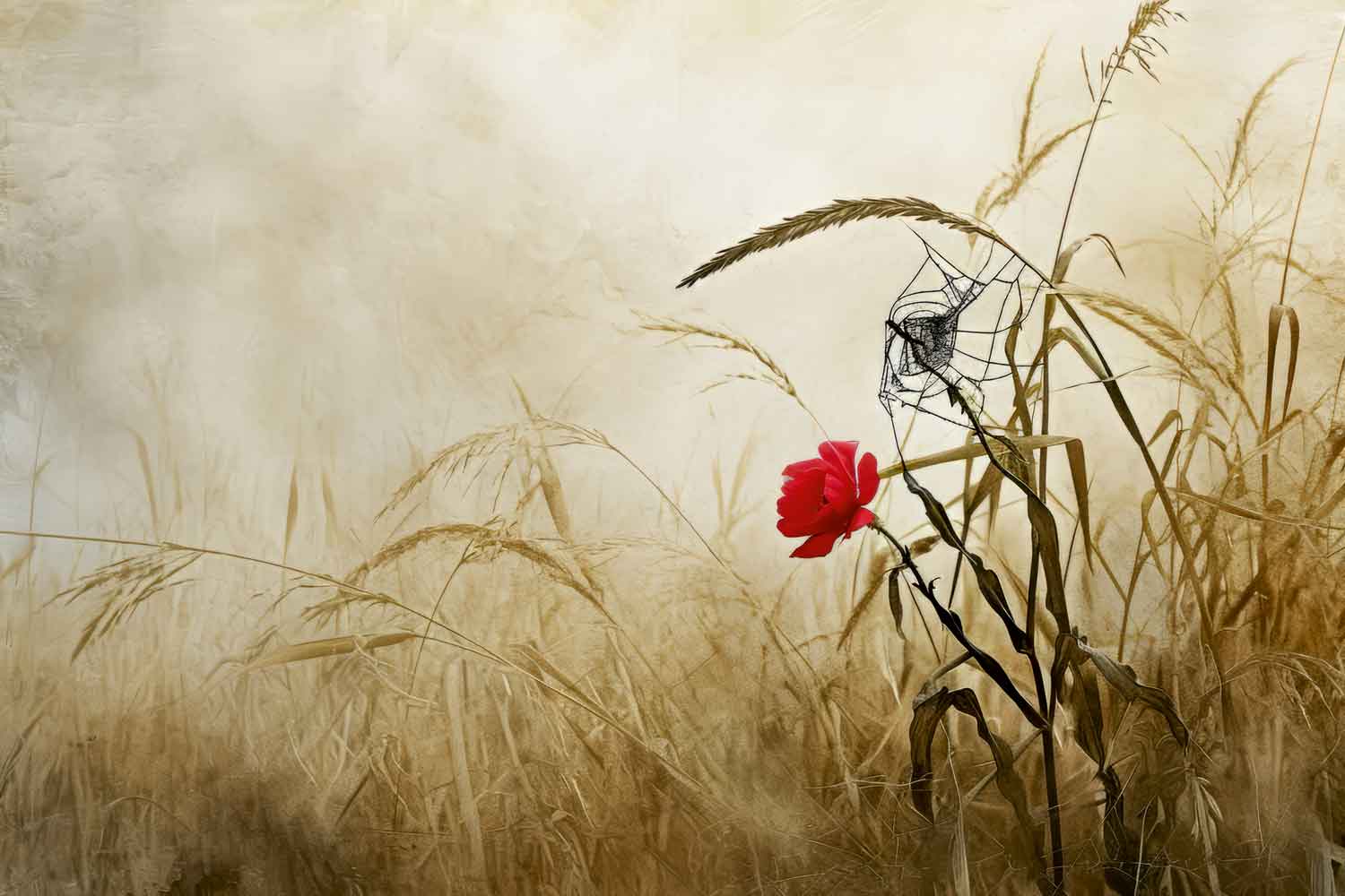 A canvas painting depicting a flower in a grassy field, displayed above a beige sofa in a room with a minimalist decor.