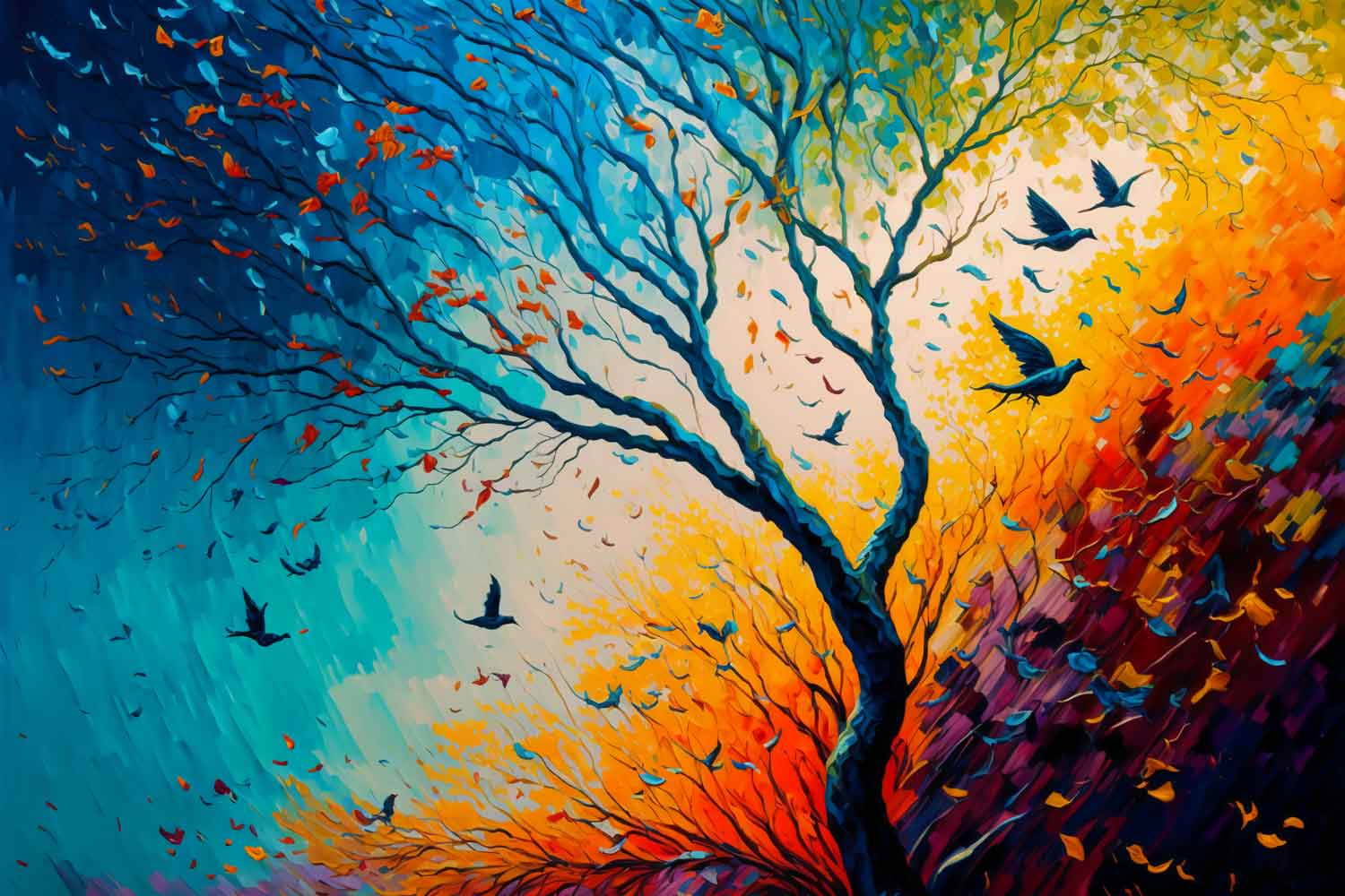 A vibrant canvas print featuring a tree with colorful leaves in shades of blue, orange, and green, with birds perched on the branches, displayed above a grey sofa with a plant to the left.