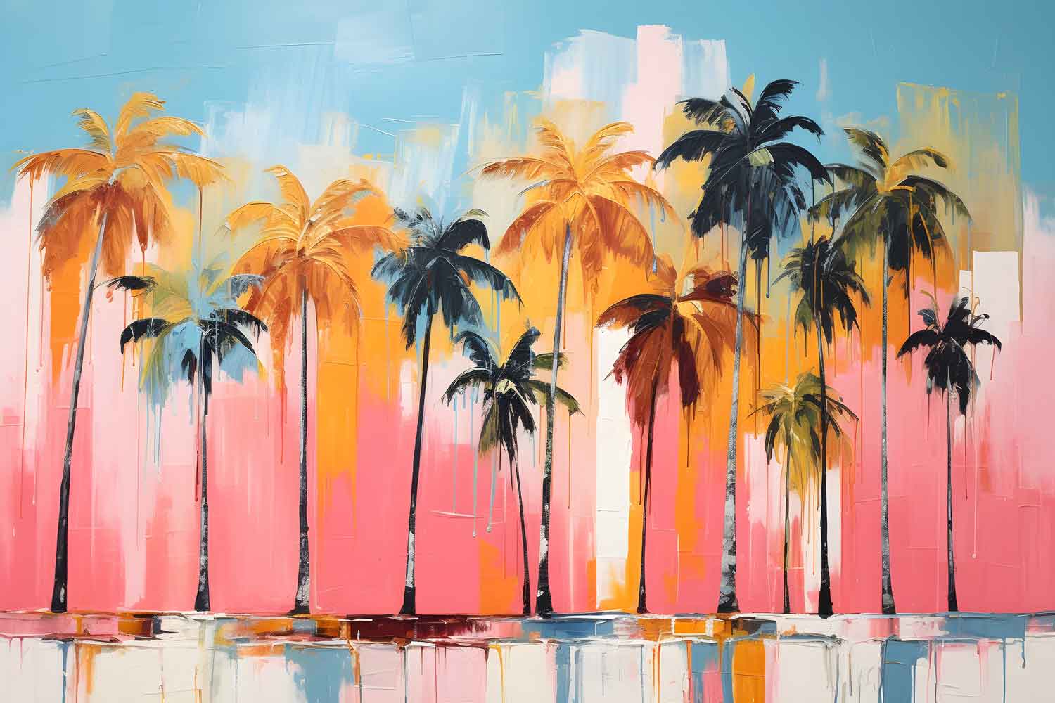 A vibrant canvas print featuring a painting of palm trees with a pink sky, displayed above a white sofa in a room with a neutral decor.