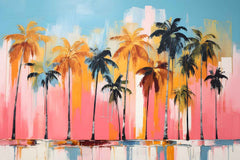 A vibrant canvas print featuring a painting of palm trees with a pink sky, displayed above a white sofa in a room with a neutral decor.