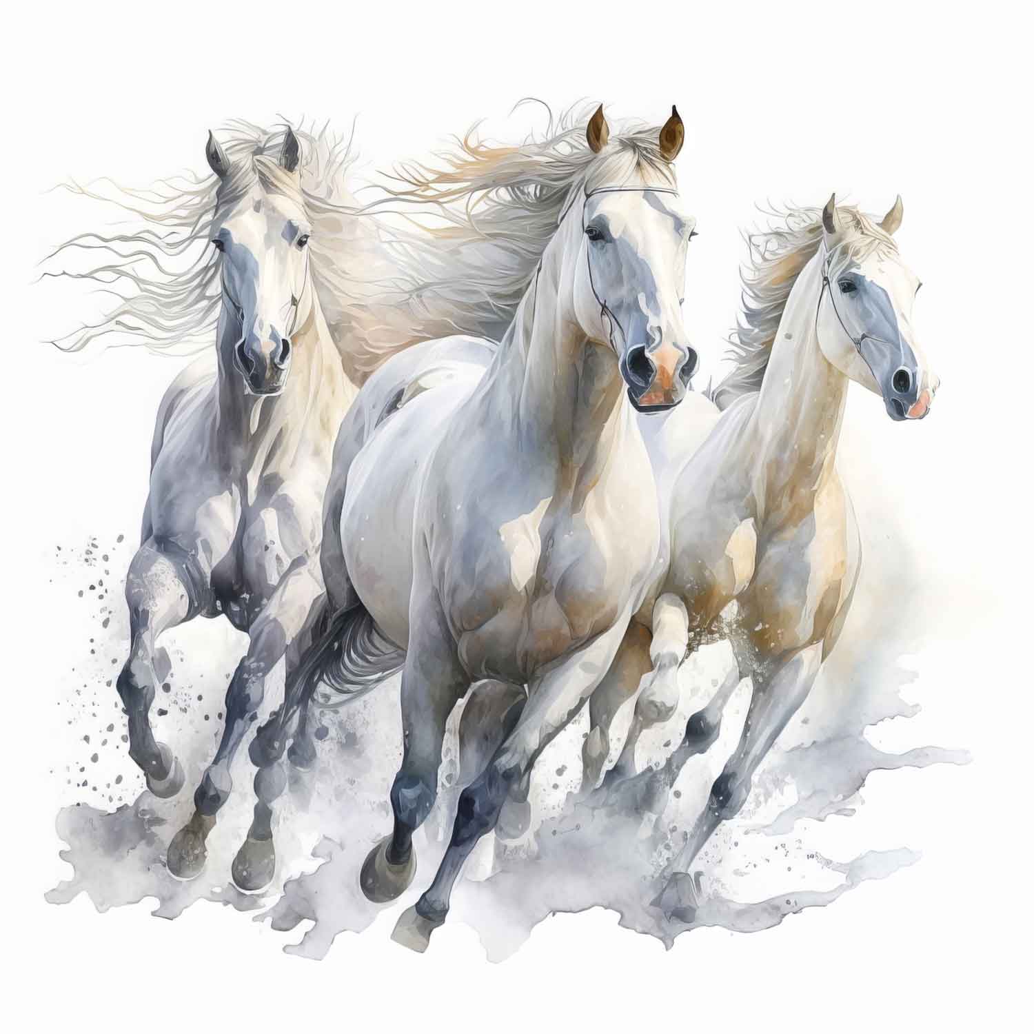 A canvas painting of white horses running, displayed above a beige sofa in a room with decorative plants.