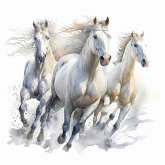 A canvas painting of white horses running, displayed above a beige sofa in a room with decorative plants.