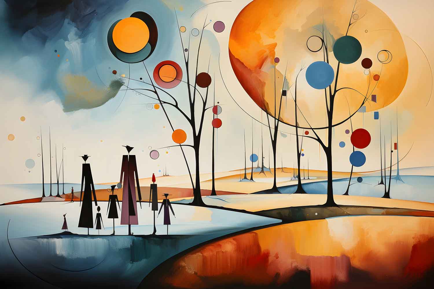 A canvas print featuring an abstract painting with trees, the sun, and a path, hung on a wall above a white sofa.