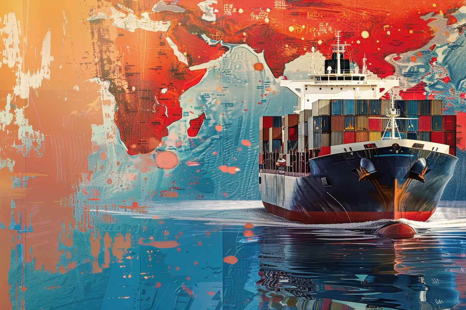 A canvas painting of a large container ship displayed on a yellow wall above a wooden sofa with green and beige cushions. The painting features abstract elements in red and blue, creating a vivid background for the ship.
