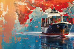 A canvas painting of a large container ship displayed on a yellow wall above a wooden sofa with green and beige cushions. The painting features abstract elements in red and blue, creating a vivid background for the ship.