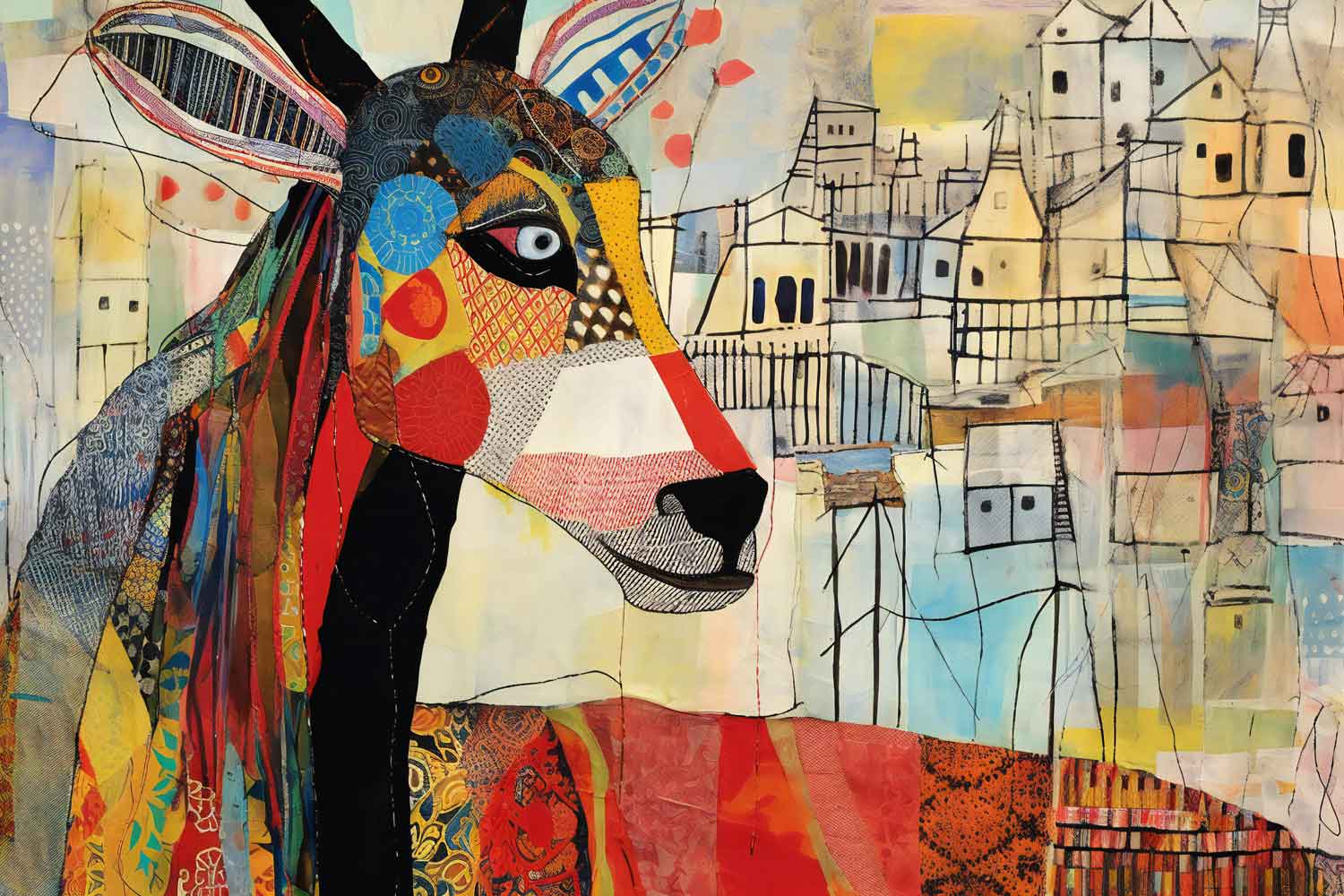 A canvas print of an abstract depiction of a deer displayed above a yellow sofa in a room with red walls, decorative plants, and white floor.