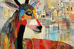 A canvas print of an abstract depiction of a deer displayed above a yellow sofa in a room with red walls, decorative plants, and white floor.