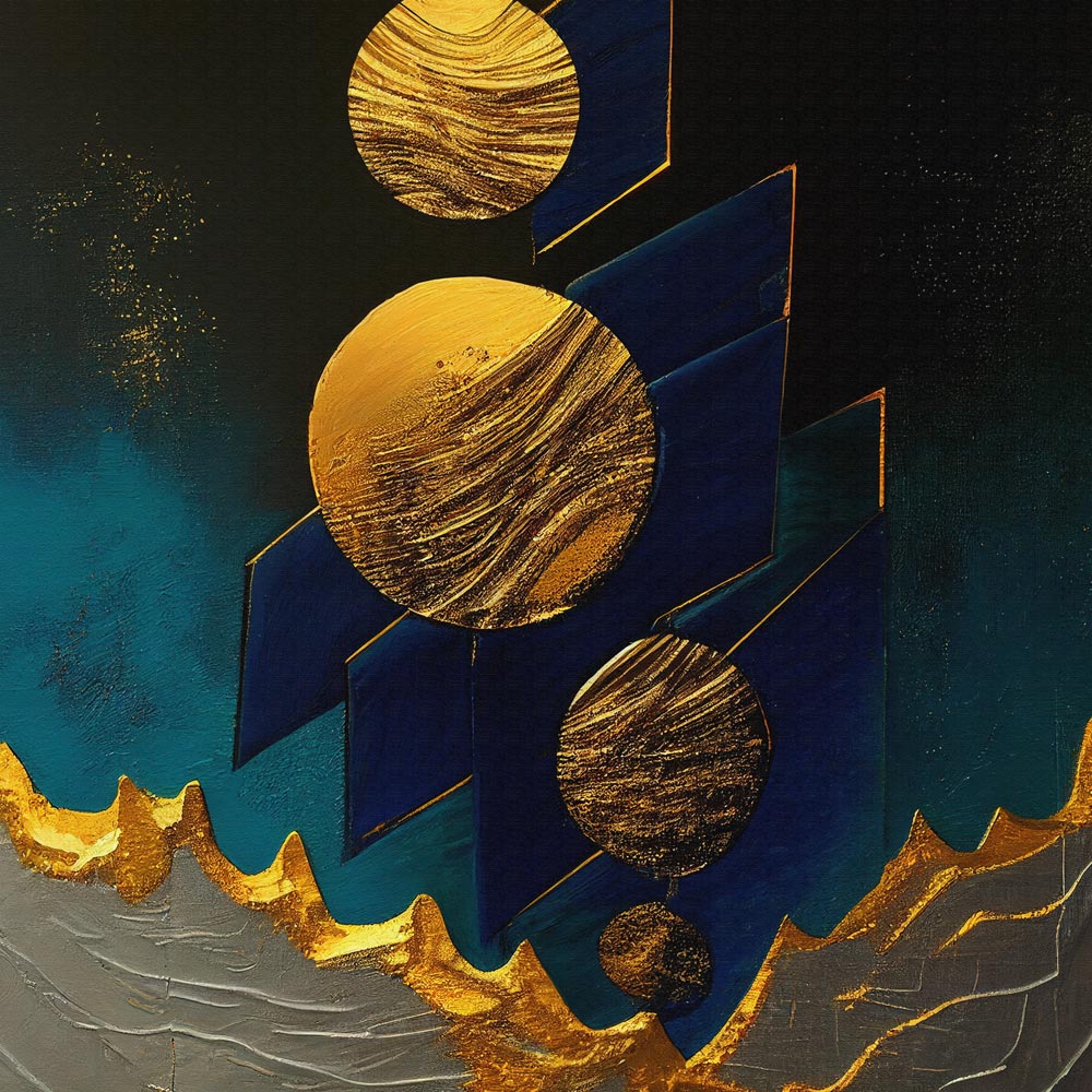 A canvas print featuring an abstract design with gold circles and blue background, displayed above an orange armchair.