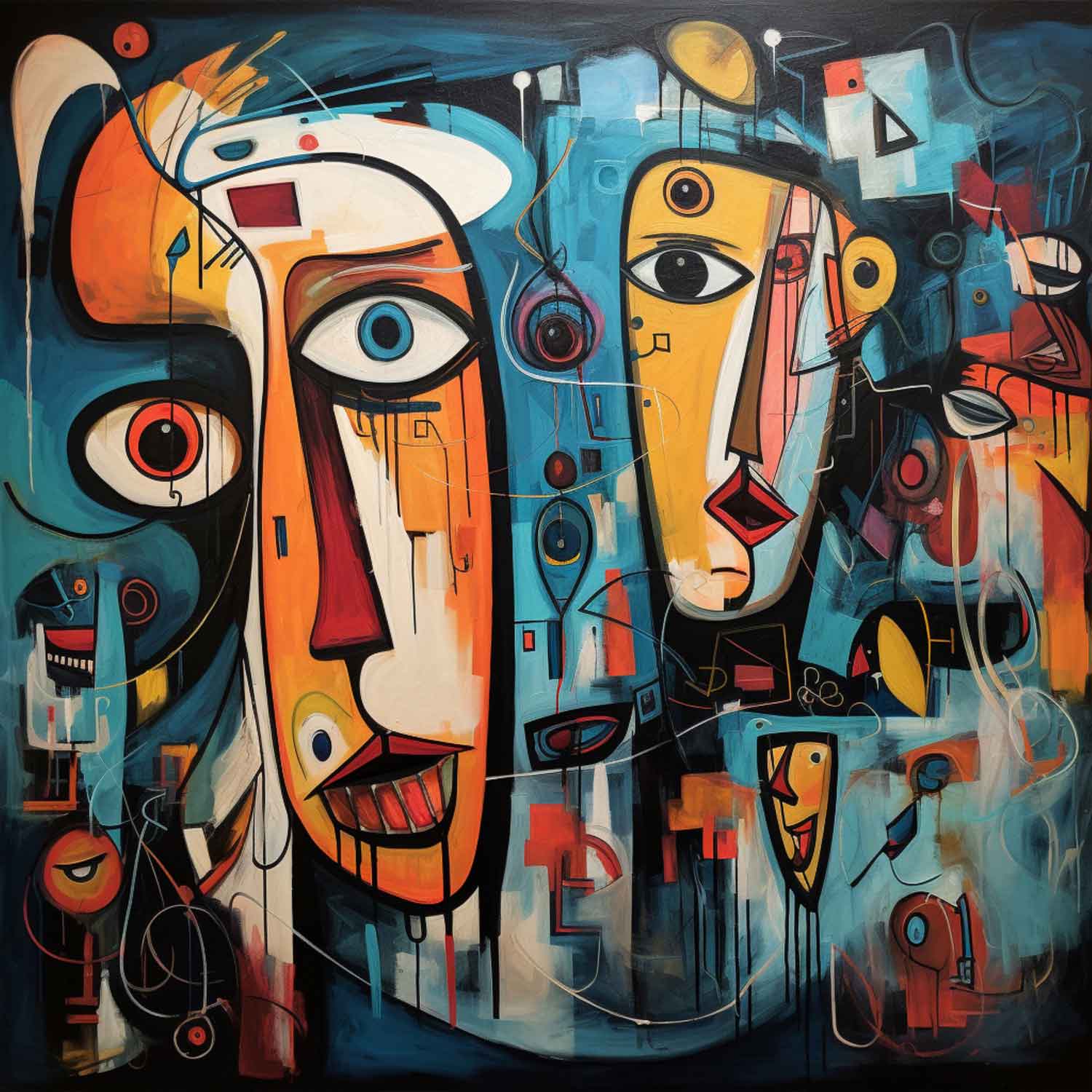 A canvas print featuring an abstract painting with multiple faces and colorful elements, displayed above a table with a clock and a plant.