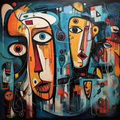 A canvas print featuring an abstract painting with multiple faces and colorful elements, displayed above a table with a clock and a plant.