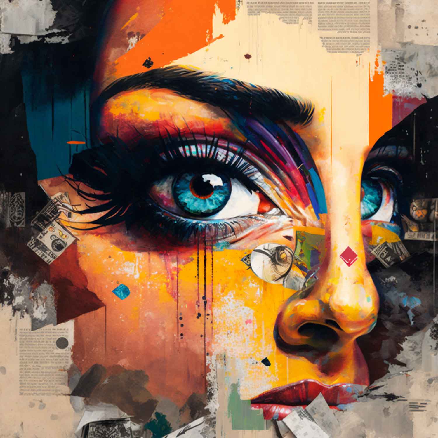 A modern abstract painting of a woman's face displayed on a canvas, hung above a gray sofa in a room with minimalist decor.