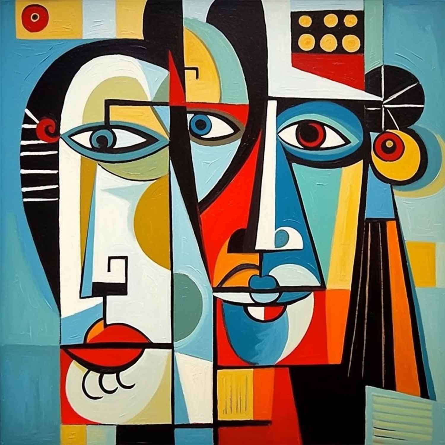 A colorful abstract painting featuring stylized faces with geometric shapes, displayed above a bed in a room with minimalist decor.