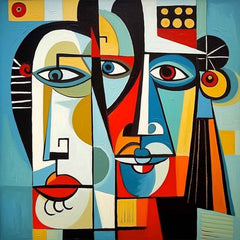 A colorful abstract painting featuring stylized faces with geometric shapes, displayed above a bed in a room with minimalist decor.