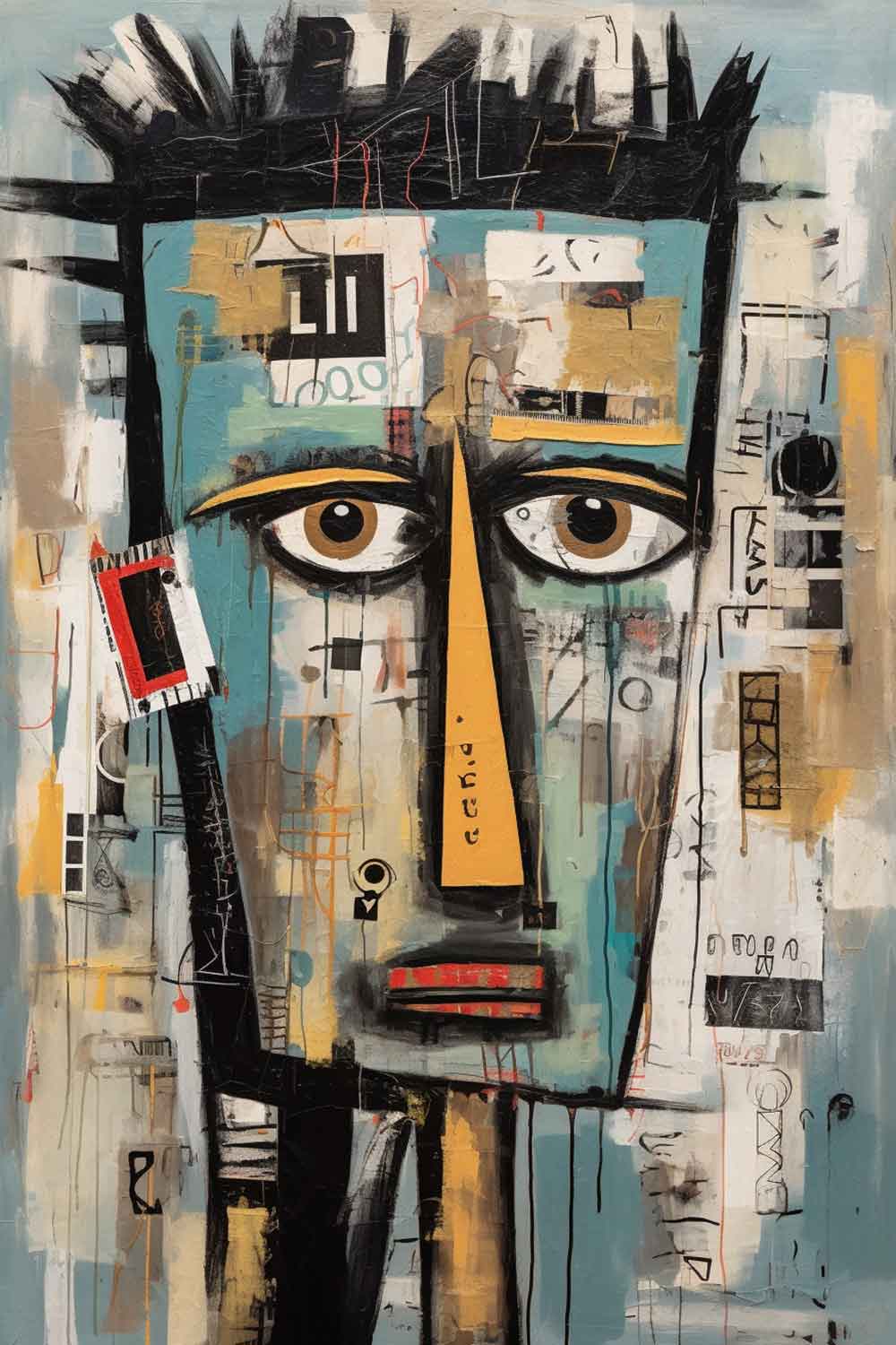 A contemporary abstract painting of a stylized face with prominent, exaggerated features, displayed above a light blue sofa in a minimalistic living room setting.