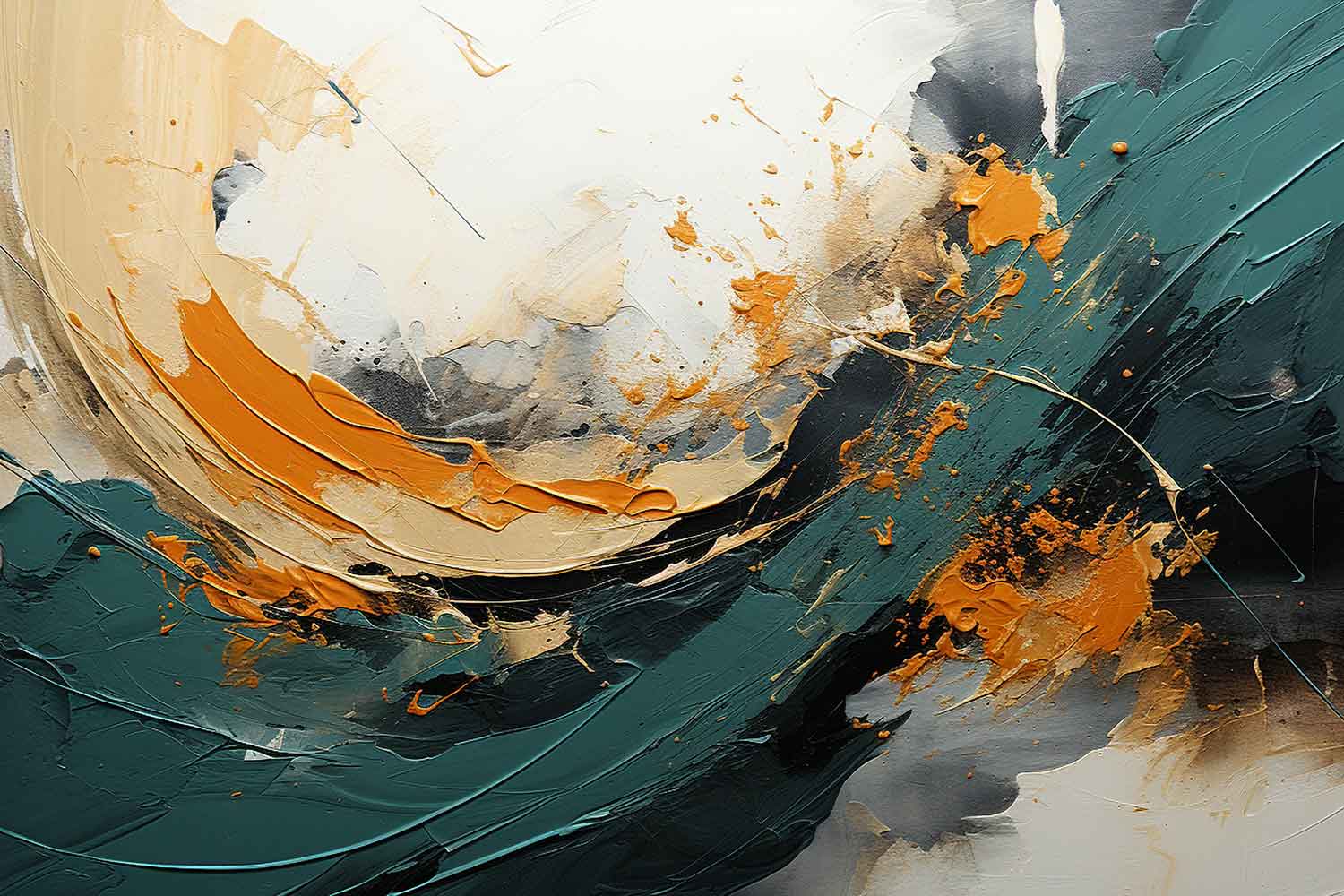 A canvas print featuring an abstract painting with gold and dark teal shapes on a wall above a wooden cabinet and a decorative plant.