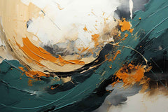 A canvas print featuring an abstract painting with gold and dark teal shapes on a wall above a wooden cabinet and a decorative plant.