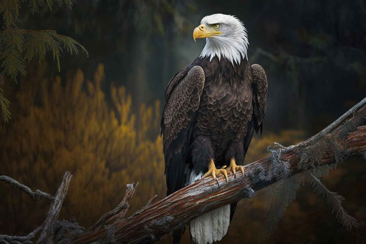 A canvas painting of an eagle perched on a branch, displayed above a grey sofa with a blue cushion, placed in a room with a wooden floor, a potted plant to the side, and a decorative wall piece to the right.