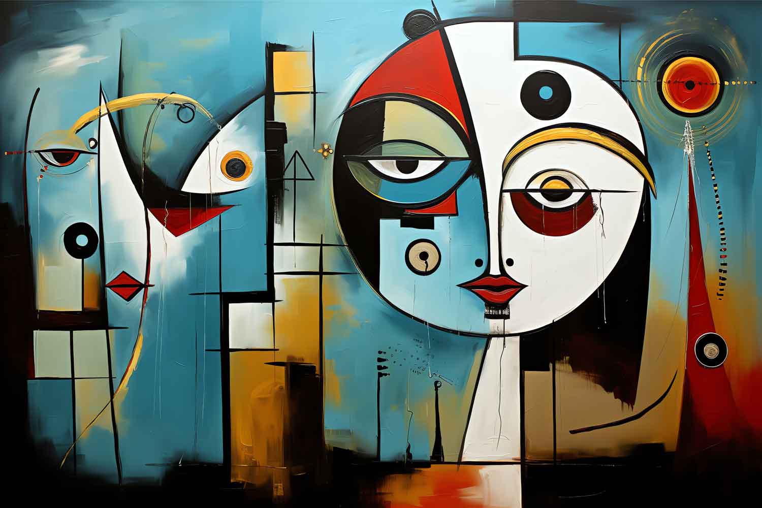 A modern abstract painting featuring geometric shapes in various colors displayed on a wall above a white sofa, with a white frame and wooden elements in the background.canvas