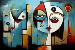 A modern abstract painting featuring geometric shapes in various colors displayed on a wall above a white sofa, with a white frame and wooden elements in the background.canvas