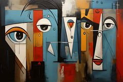 A modern abstract painting featuring geometric shapes in various colors displayed above a white sofa on a blue wall.