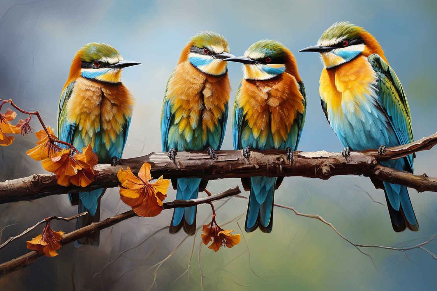 A canvas print featuring three colorful birds sitting on a branch, displayed above a gray sofa with blue cushions in a room with minimal decor.