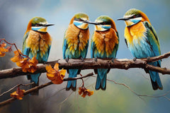 A canvas print featuring three colorful birds sitting on a branch, displayed above a gray sofa with blue cushions in a room with minimal decor.