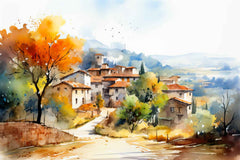 A canvas print depicting a landscape with a village and autumn trees, displayed on a gray wall in a modern interior setting.