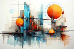 A modern abstract canvas print featuring geometric shapes in a cityscape style, displayed in a home setting with decorative objects.