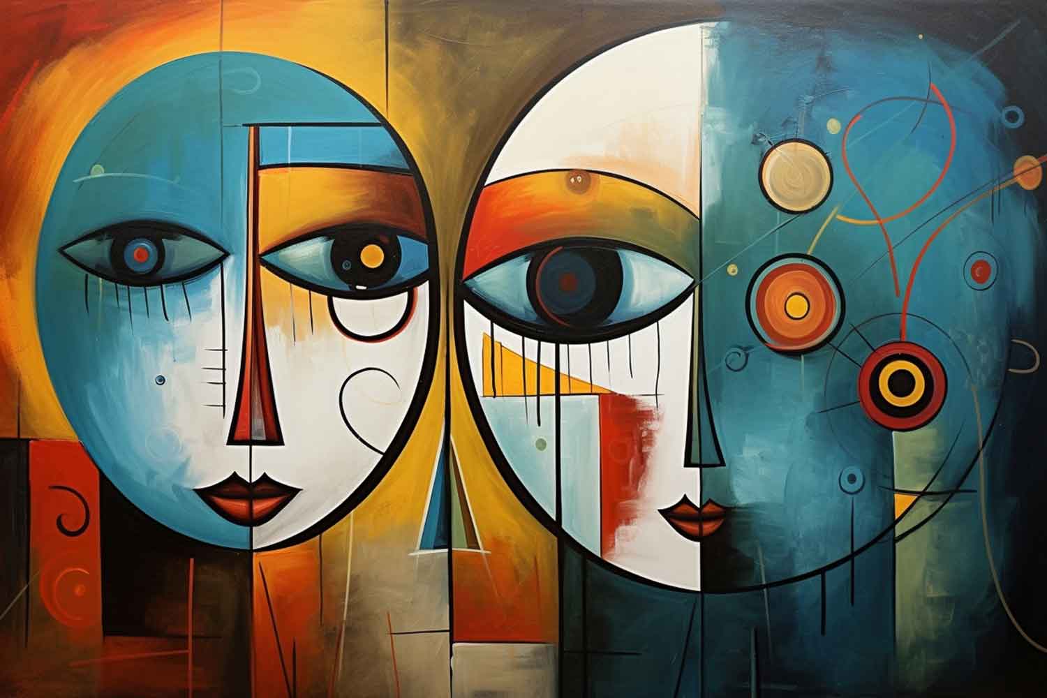 A modern abstract canvas painting featuring two stylized faces with geometric patterns, displayed above a round table with a clock and a vase of flowers on it, with a white armchair to the side.