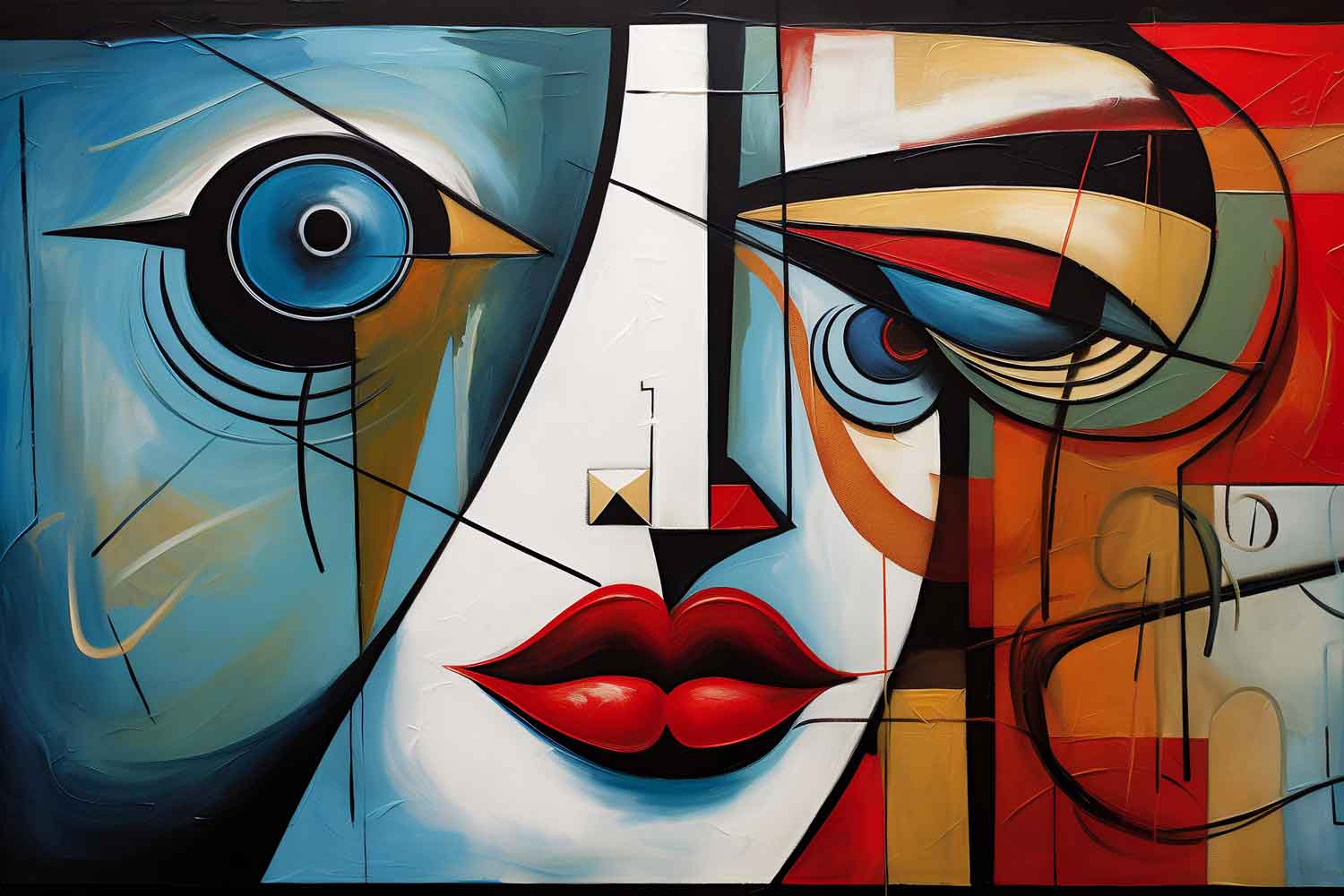 A modern abstract painting featuring geometric shapes in blue, red, and beige applied to a wall in a bedroom setting.