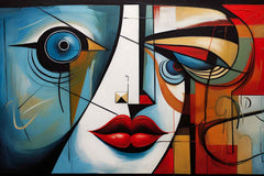 A modern abstract painting featuring geometric shapes in blue, red, and beige applied to a wall in a bedroom setting.