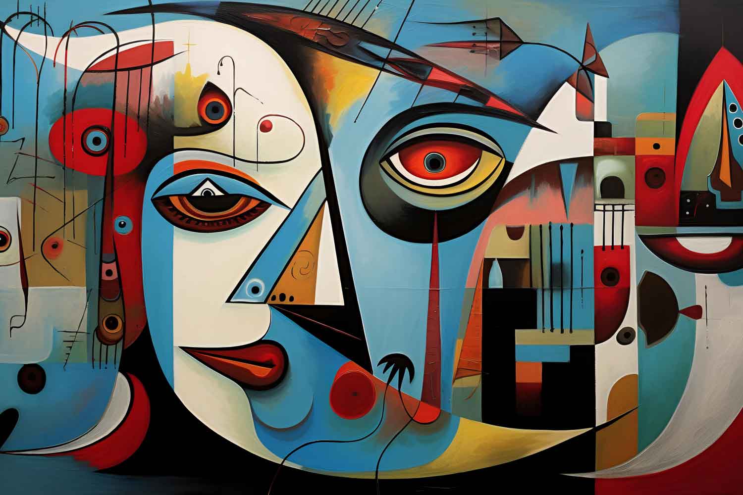 A modern abstract painting featuring geometric shapes displayed above a bed in a room with white walls.