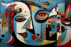 A modern abstract painting featuring geometric shapes displayed above a bed in a room with white walls.