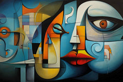 A modern abstract painting featuring geometric shapes and faces in various colors, displayed above a bed in a bedroom setting.
