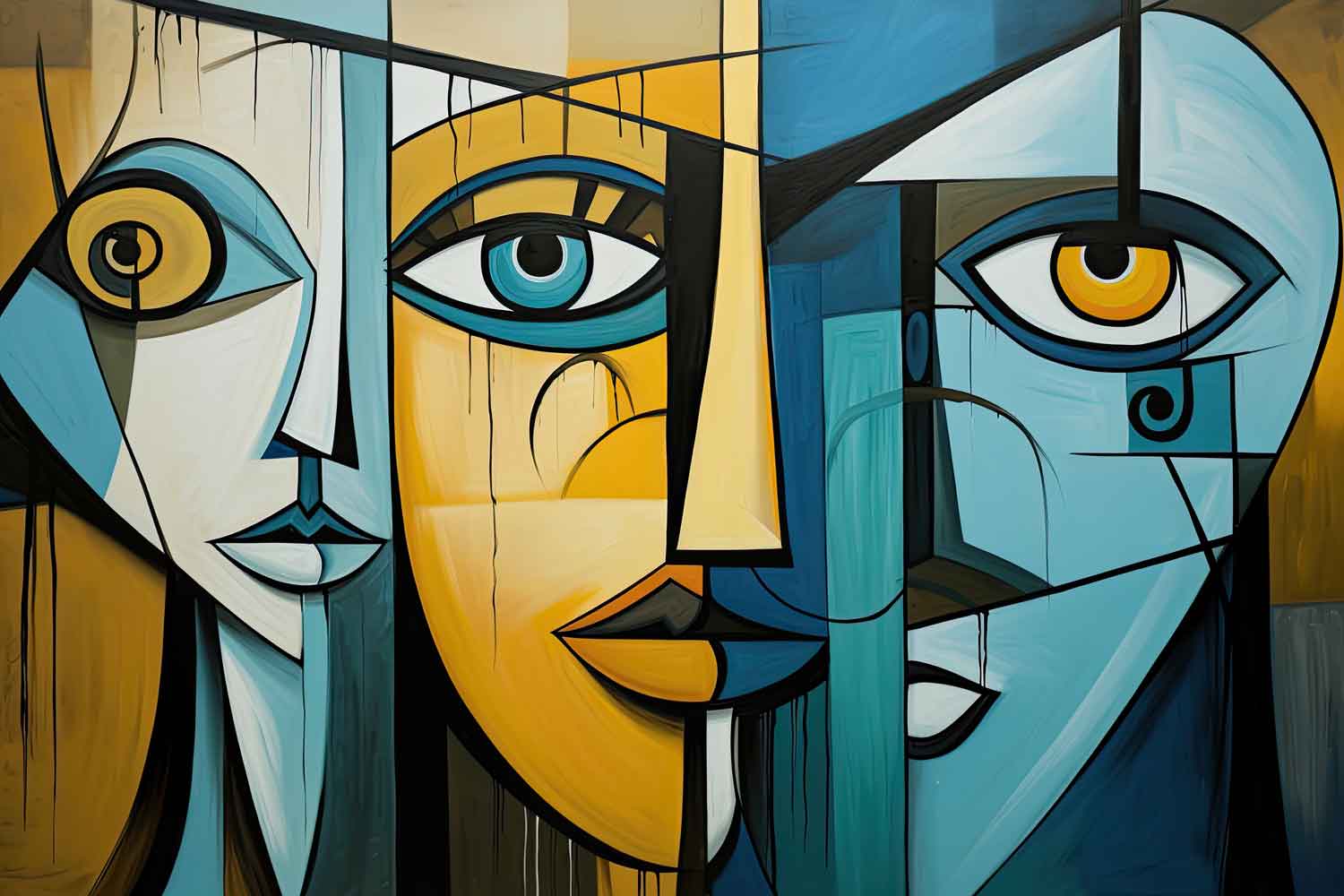 A canvas print featuring an abstract depiction of faces in blue and yellow colors, displayed above a bed in a room with pink walls.