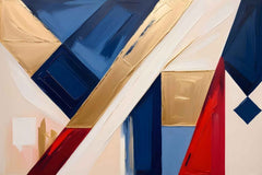 A contemporary abstract canvas print featuring geometric shapes in gold, blue, and red, displayed above a bed in a room with a neutral color scheme.