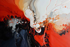A modern abstract painting featuring predominantly black and red colors with white accents, displayed above a bed in a room with a white brick wall.
