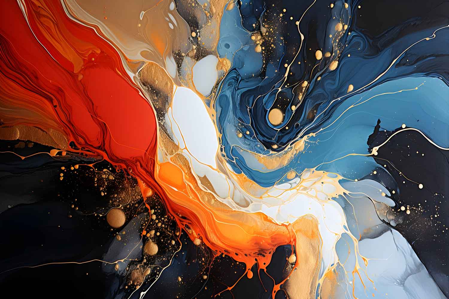 A modern abstract painting displayed on a yellow wall, featuring a blend of blue, red, and black colors with a dynamic, swirling pattern.