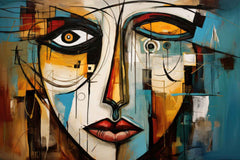 A modern abstract painting of a stylized face with geometric features and a colorful background, displayed on a wall above a green sofa with yellow cushions.