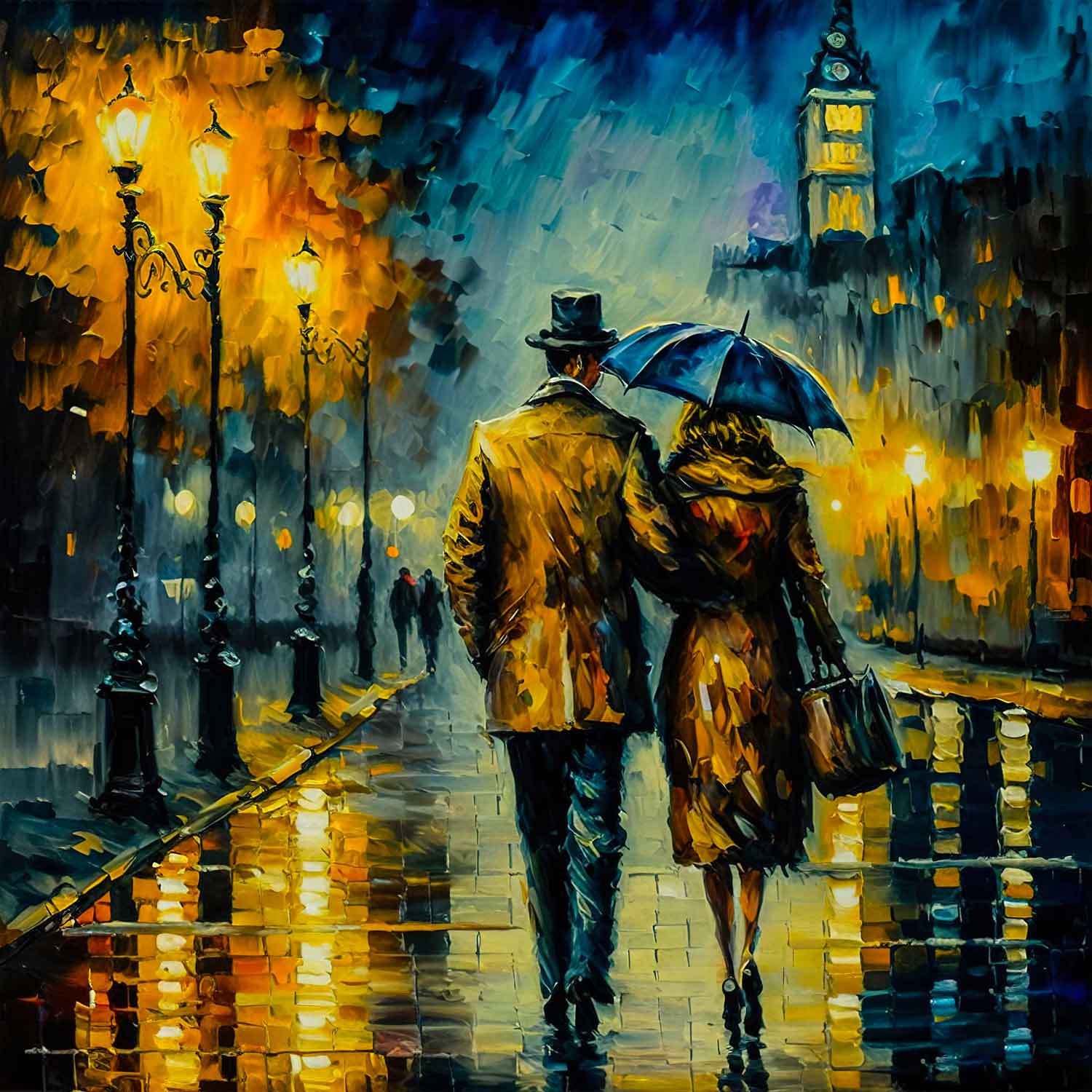 A canvas print depicting a painting of a couple walking down a city street at night, with the man holding an umbrella, mounted on a wall in a room with a wooden frame and a chair.