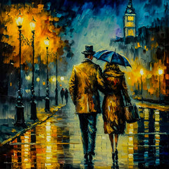 A canvas print depicting a painting of a couple walking down a city street at night, with the man holding an umbrella, mounted on a wall in a room with a wooden frame and a chair.