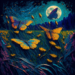 A framed artwork featuring a vibrant nighttime scene with butterflies and flowers, displayed on a white wall in a room with minimalist furniture and decor.
