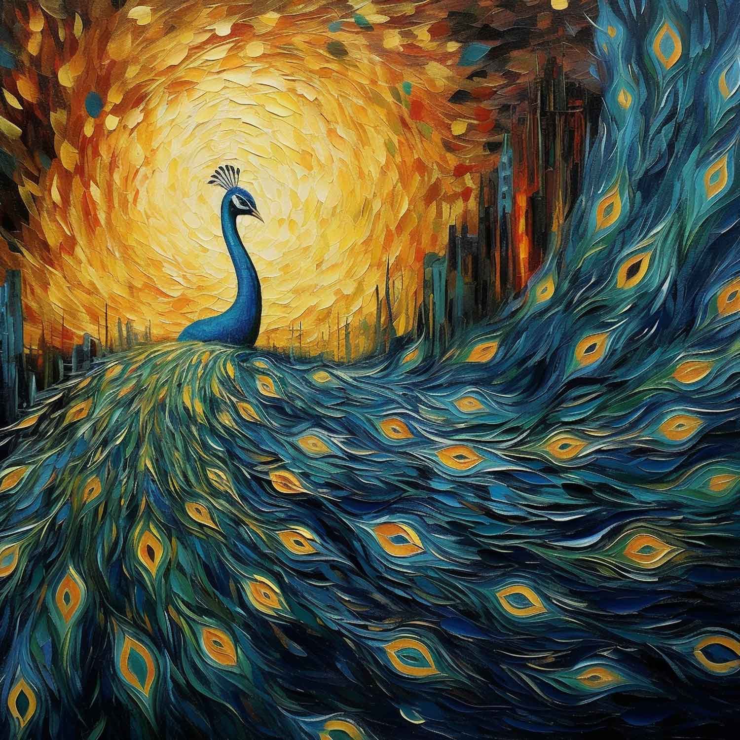 A canvas painting featuring a peacock with a vibrant tail displayed above a gray sofa with white cushions.